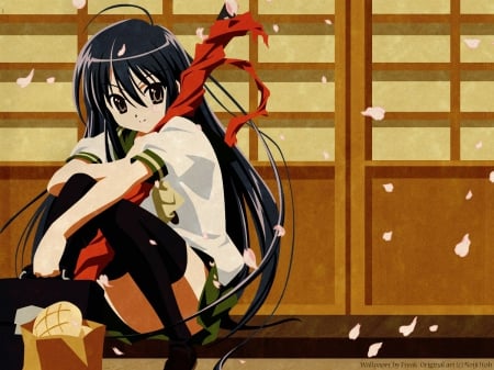 Lovely Shana Sitting Down - Shakugan no Shana, Noizi Ito, seifuku, melon bread, Shana, sakura blossoms, black hair, cute anime girl, sitting, smiling