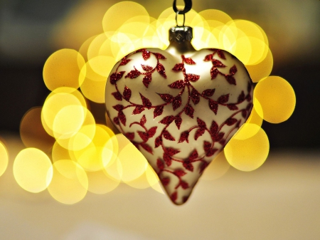 Christmas Golden Heart♥ - christmas, heart, yellow, lights, ornament