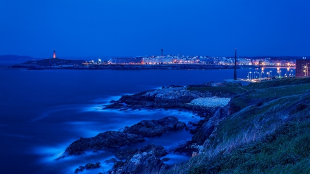 Midnight Harbor - scenic lighthouse, scenic port, midnight harbor, scenic harbor, oceanside