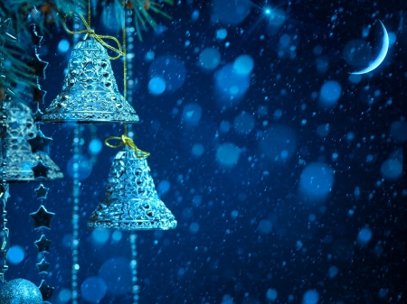 Winter magic night - season, photography, magic, globes, decorations, holiday, tree, decor, moon, winter, night, bells, snowflakes, christmas, abstract, blue, snow