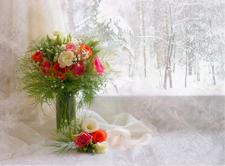 Still life - beauty, season, special, roses, trees, photography, colorful, still life, white, window, soft, winter, vase, abstract, beautiful, red, snow, colors