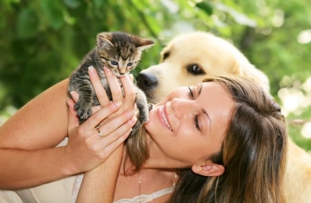 Together We Are Family - tiny, pets, smile, kitten, girl, dog, friends, golden