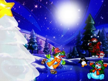 Happy Time - snowman, night, christmas, happy