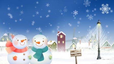 Two City Snowmen - cheerful, winter, happy, neighborhood, holidays, windmill, buildings, snowmen, light, city, snow, lamp post