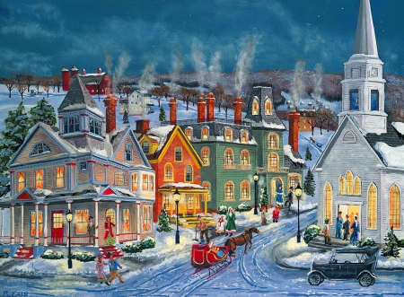 Winter's eve - cars, town, night, eve, walk, holiday, frost, nice, art, houses, sky, winter, beautiful, lovely, village, street, christmas, frozen, nature, lights, new year, painting, cold, smoke, peaceful