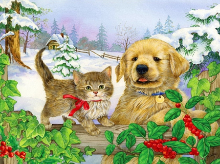 Winter companion - snow, dog, leaves, fluffy, holiday, kitten, mist, puppy, friends, sky, covered, winter, companion, sweet, fence, cat, christmas, nature, cold, cute, adorable, kitty