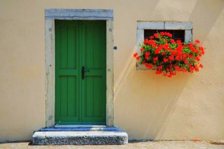 The green door - green, flowers, house, door