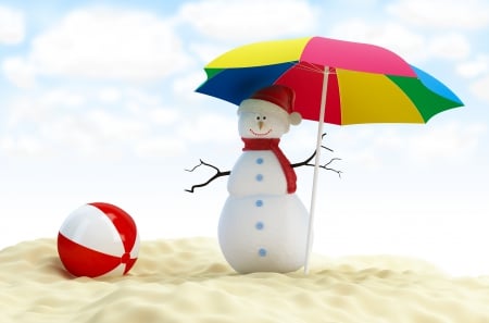 Happy Holidays - christmas, umbrella, snowman, beach, magic christmas, xmas, merry christmas, sand