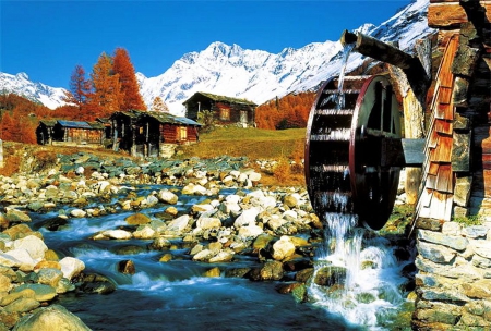 Watermill - landscape, creek, stones, house, autumn