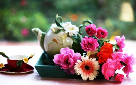 Still Life - flowers, blossoms, can, photography, table, tea