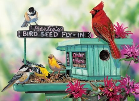 Bertie's Bird Seed Fly-In - pretty, seed, birds, flying, birdhouse, flowers, fly, friends, nice, art, house, beautiful, lovely, tree, cardinals, colorful, painting