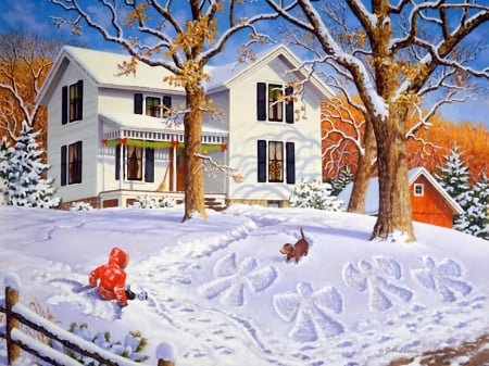 Angels in the snow - fun, cottage, slope, trees, joy, peaceful, calm, quiet, dog, angels, house, fence, puppy, winter, funny, child, kids, nuce, playing, lovely, nature, village, snow, beautiful, friends