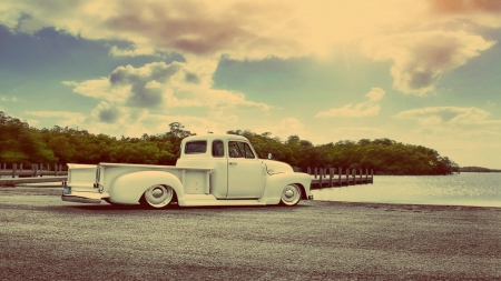 57 Ford - ocean, clouds, cars, sea, antique, trucks