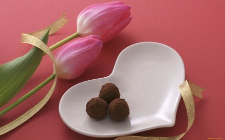 chocolates - flowers, heart, food, chocolate, nice, pink, tulip