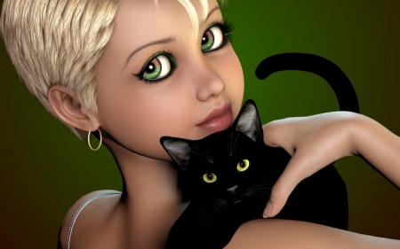 Blonde with a black kitten - woman, rendering, cat, girl, eyes, fantasy, black, kitten, green, animal, blonde