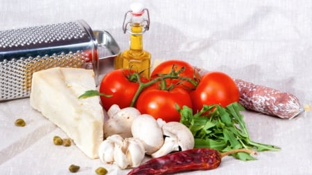 Cheese & Vegetables - delicious, food, mushrooms, tomato, photo, still life, cheese