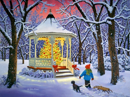 Christmas magic - quiet, magic, evening, snow, children, forest, walk, calmness, holiday, dogs, gazebo, frost, nice, sky, pets, kids, trees, winter, decoration, beautiful, lovely, playing, christmas, nature, lights, serenity, park