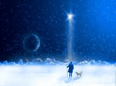 Special evening - star, snow, dog, man, Christmas, sky