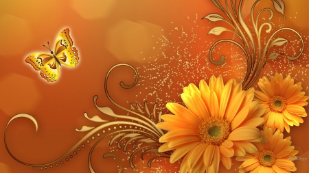 Fantastic Fall Floral - gold, Gerbera, orange, sprinkles, flowers, fall, autumn, butterfly, floral