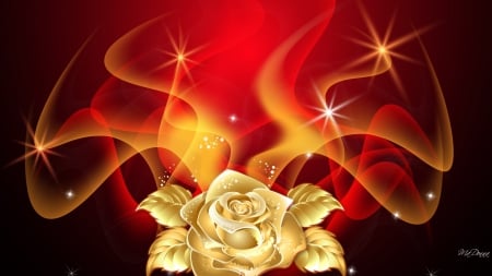 Golden Rose Flames - abstract, gold, flame, flower, stars, fire, bright, rose, shine