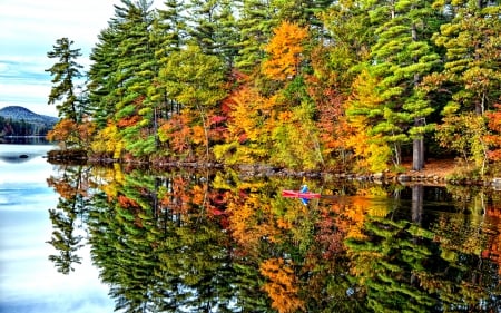 Autumn Reflection - water, boat, landscape, forest, reflection, fall, nature, autumn, autumn splendor, lake, woods