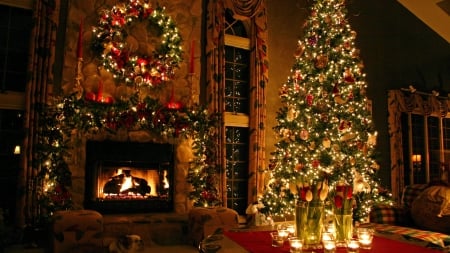 It's Christmas Time - decoration, chimney, tree, lights