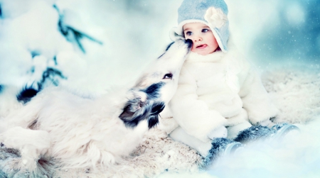 Sweet Love - love, kiss, baby, dog, winter, child, sweet