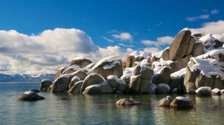 snow capped boulder in lake tahoe - snow, clouds, lake, boulders