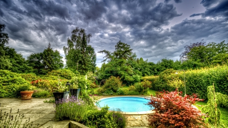 fantastic pool in a garden hdr - clouds, patio, pool, garden, hdr