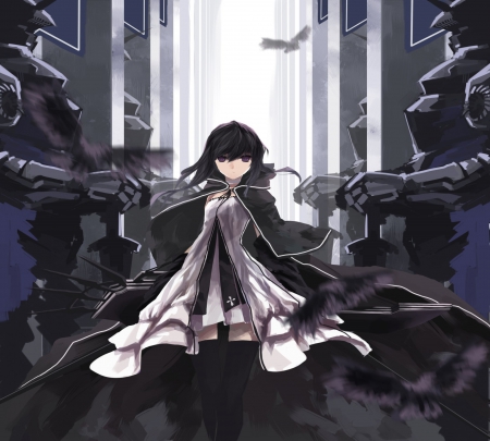 Dark Girl - black, cute, armors, beautiful, girl, white, ribbon, light, woman, pretty, knights, short hair, beauty, sweet, dark, anime, dress, weapons, art, gate, swords, tie, lovely