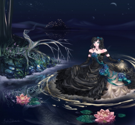 Lady on the LAke - pretty, anime, blue, dress, night, long hair, stars, flowers, cstle, art, water, beautiful, girl, beauty, lovely, tree, black, lady, woman, fich, lotto