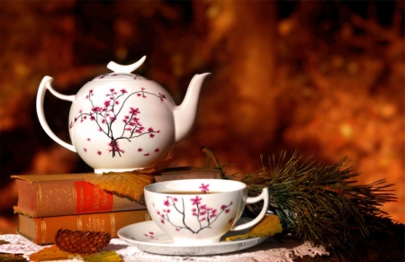 Autumn Setting - abstract, teacups, book, autumn