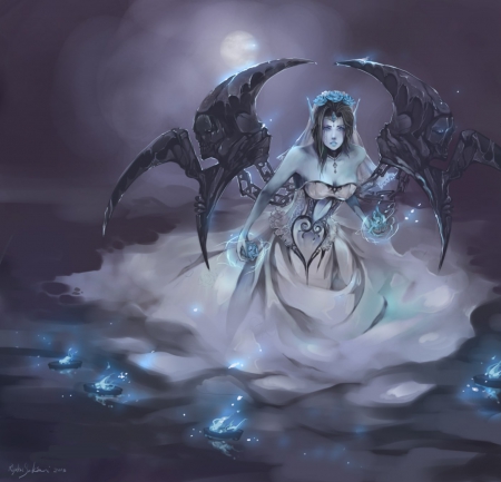 League of Legends - woman, beauty, wings, black, white, dark, pretty, anime, short hair, demon, lady, girl, lovely, devil, beautiful, blue, fog, dress