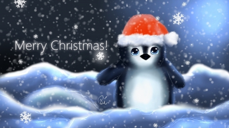 Merry Christmas - xmas and new year, penguin, snowflakes, creative pre-made, christmas, holidays, snow, digital art, paintings, winter holiday, drawings, inscription, birds