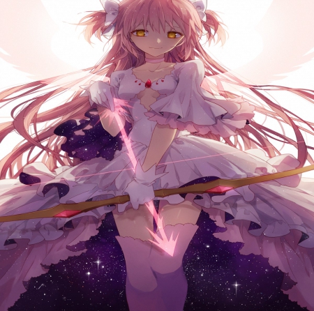 Goddess Madoka - pretty, anime, dress, pink, long hair, goddess, red, art, archer, beautiful, girl, beauty, lovely, sweet, glow, white, lady, arrows, cute, bow