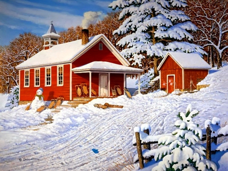 After recess - nice, sky, trees, peaceful, countryside, painting, art, pretty, cold, calmness, holiday, snowy, snowman, houses, day, winter, recess, lovely, serenity, village, woods, forest, frost, snow, beautiful