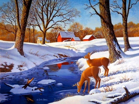 Winter morning - nice, sky, trees, peaceful, creek, painting, art, quiet, cold, calmness, river, deers, frozen, morning, houses, flow, winter, lovely, serenity, village, forest, snow, beautiful