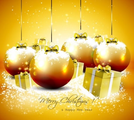 ✰Decorative Golden✰ - hanging, yellow, gifts, greetings, celebrations, ornaments, decorations, golden, winter holidays, blessings, beautiful, balls, digital art, bows, vector, HD, lovely, xmas and new year, still life, christmas, glow, happiness, cute