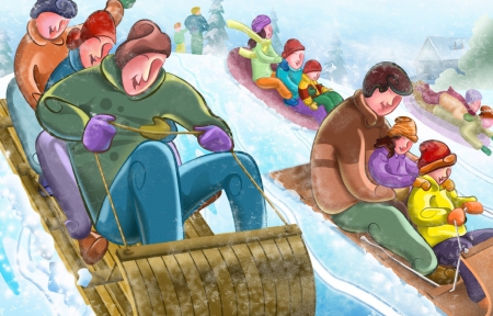 Tobogganing Fun - fun, fantasy, people, toboggan, snow