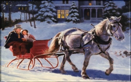 Romantic Night - woman, horse, man, winter, night, sled