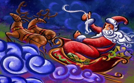 He's On His Way - santa, reindeer, art, clouds, christmas