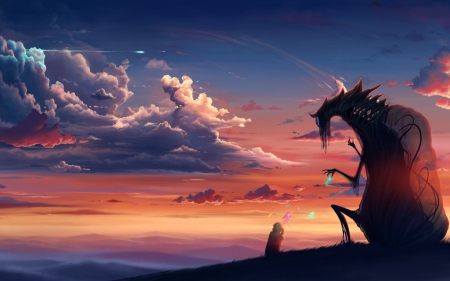 Magic - beauty, sky, female, magic, sunset, anime girl, fantasy, cool, clouds, anime, dragon, short hair, demon, sunlight, landscape, magical, devil, ghost, beautiful, awesome, lights