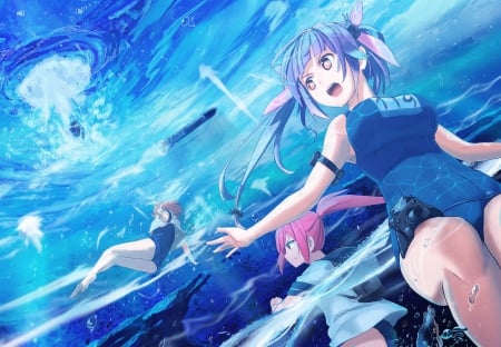 Come on girls let's do this! - gun, female, swimsuit, water, twintail, beauties, anime girl, brown hair, cool, torpedo, anime, short hair, pink eyes, sexy, ocean, ponytail, pink hair, long hair, purple hair, beautiful, awesome, weapons, sea