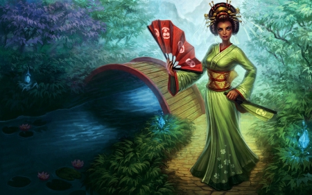 Lovely Geisha - woman, beauty, girl, lovely, fantasy, asian, art, geisha, fine, beautiful, green, digital