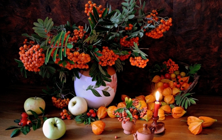 Autumn still life - autumn, candle, berry, still life, fruit, red, orange, green, apple