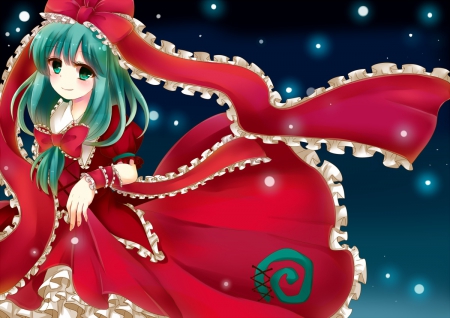 Kagiyama Hina - nice, beauty, female, anime girl, aqua hair, swet, touhou, pretty, cool, game, anime, aqua eyes, ribbon, cute, stars, touhou project, long hair, night, kagiyama hina, bow, beautiful, smile, awesome, dress