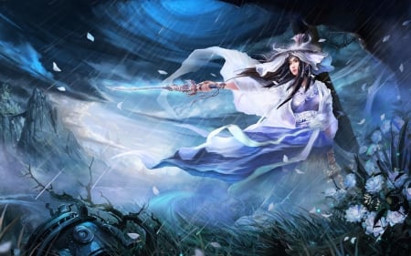 Fantasy girl - sword, flower, rain, wind, girl, blue, white, fantasy, storm, asian, woman