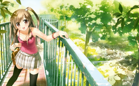 A Nice Day in the Park - trees, summer, Kantoku, long hair, pink tank top, watch, highres, side ponytail, pleated skirt, light brown hair, cute anime girl, overhead walkway, smiling