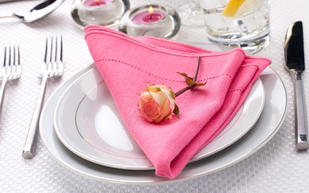 :) - candle, fork, rose, knife, plates, pink, table, tableware, napkins, flower