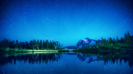 glorious starry sky over mount shuksan washington - trees, lake, stars, mountain, sky